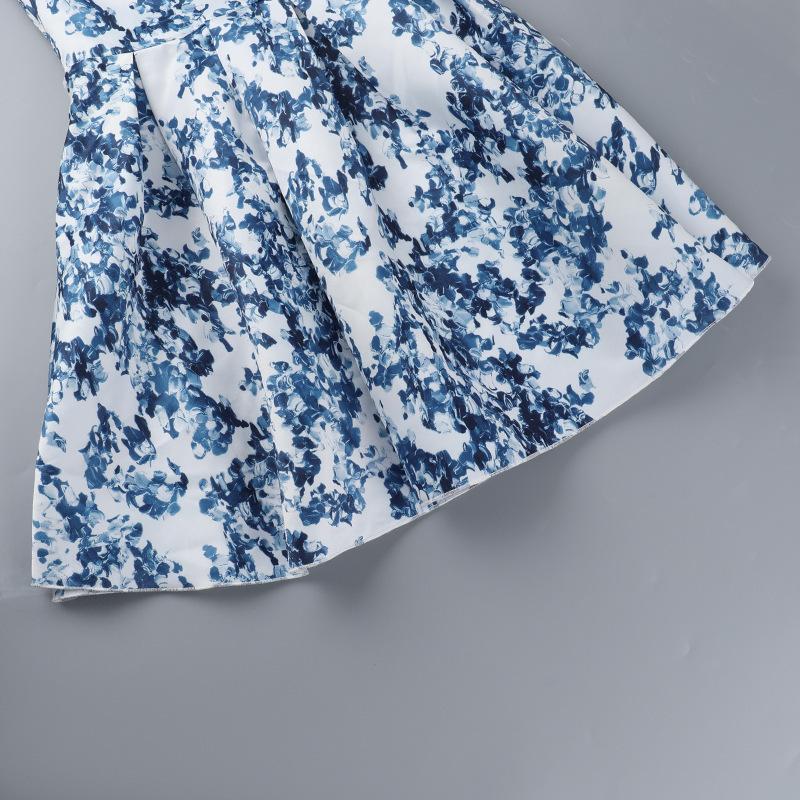 Vintage Blue Print Bow Lace-Up Sling Dress For Women High Waist Pleated A-Line Mini Dresses Summer New Vocation Lady Vestidos