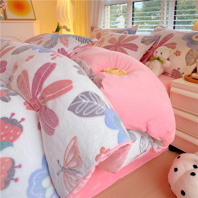 Snowflake Fleece Four-Piece Set, Thickened Milk Coral Fleece Quilt Cover, Double-Sided Fleece Quilt Cover, Bed Sheet, Bed Hat Three-Piece Set