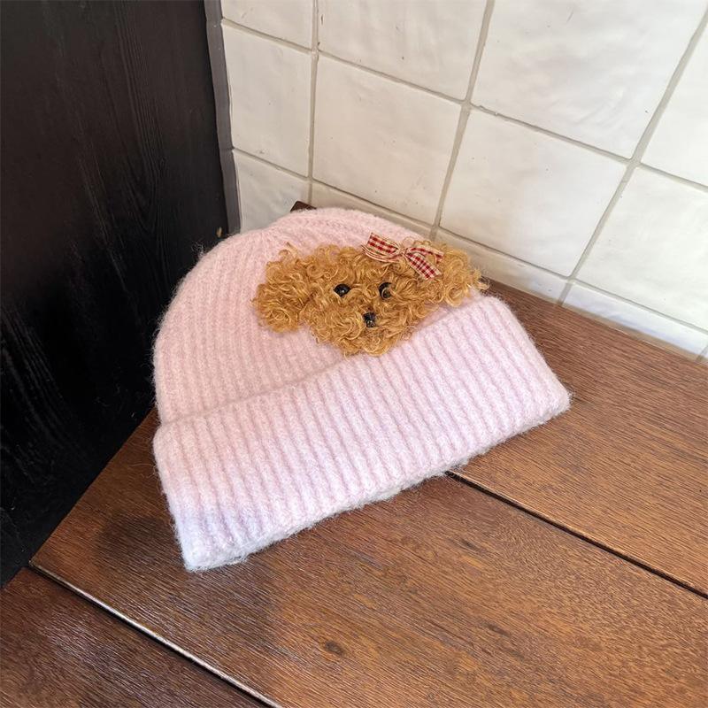 Korean Autumn and Winter Knitted Hat Cute Teddy Puppy Woolen Hat for Women  Versatile Warm and Face Friendly Small Ear Protection Hat  Pullover Hat