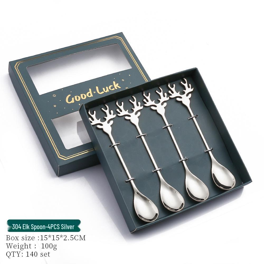 Reindeer-Themed 304 Stainless Steel Coffee and Dessert Mixing Spoon Gift Set In Cute Christmas Box
