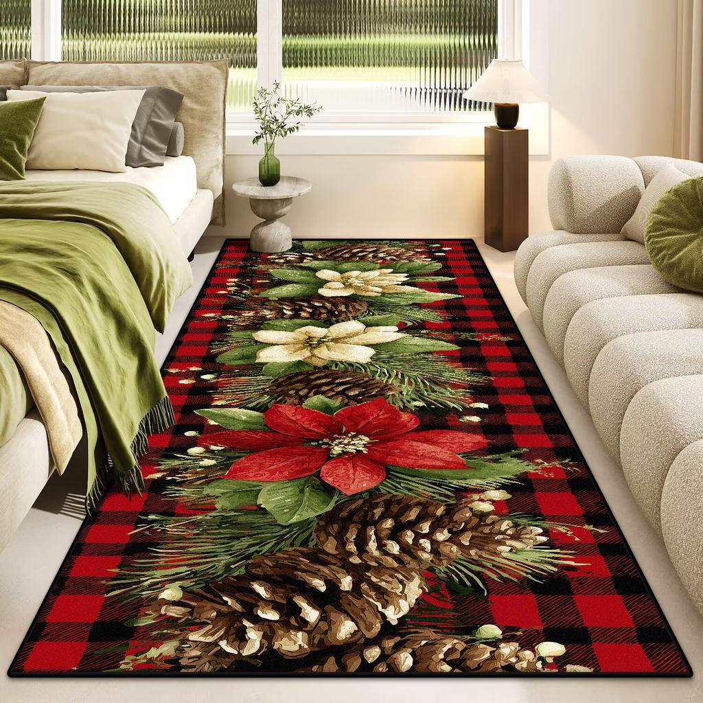 Merry Christmas Poinsettia Plaid Kitchen Rug Lliving Room Entrance Non-slip Door Mat Balcony Bath Floor Mat Christmas Decoration