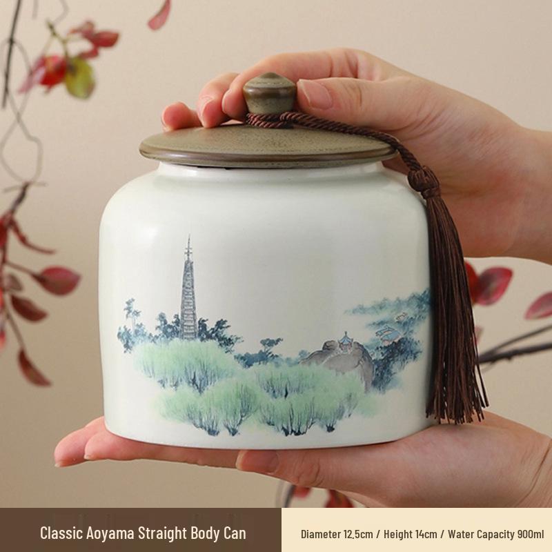 Large Ceramic Tea Storage Canister for Red, Green, Longjing, Biluochun, and Pu'er Tea - Half Jin Capacity