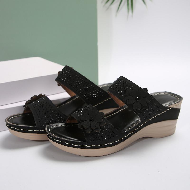Large Size Summer New Retro Casual Flower High Heel One-character Women's Wedge Heel Slippers Shoes