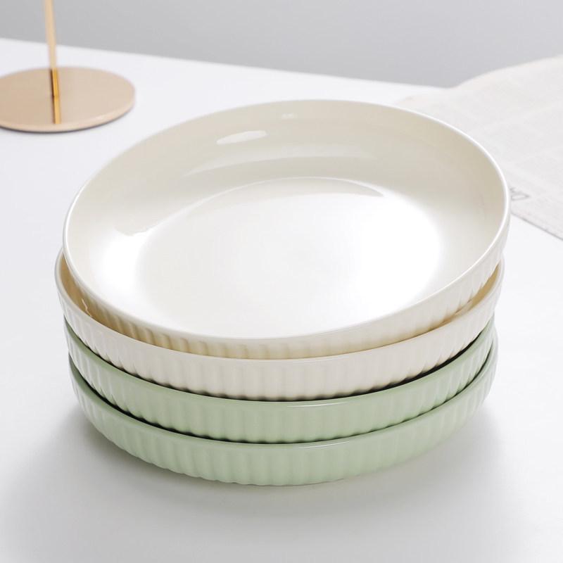 Milky White & Green Ceramic Deep Soup Plate, Microwaveable - Creative Round Tableware.