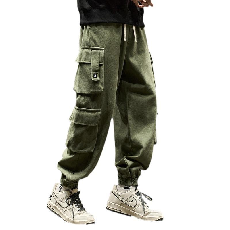 Men's American Trendy Multi-Pocket Loose Cargo Joggers - Military Green Parachute Pants, Casual Retro Style for Autumn.