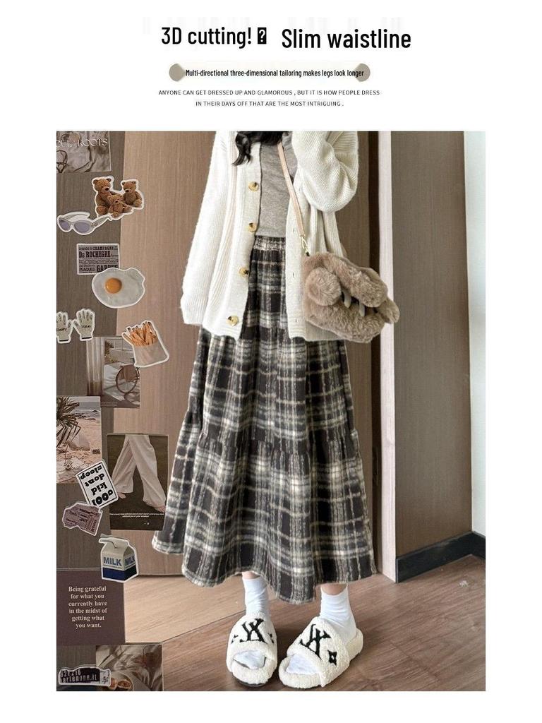 Retro Red Plaid Woolen Midi Skirt with Elastic Waist and Big Swing