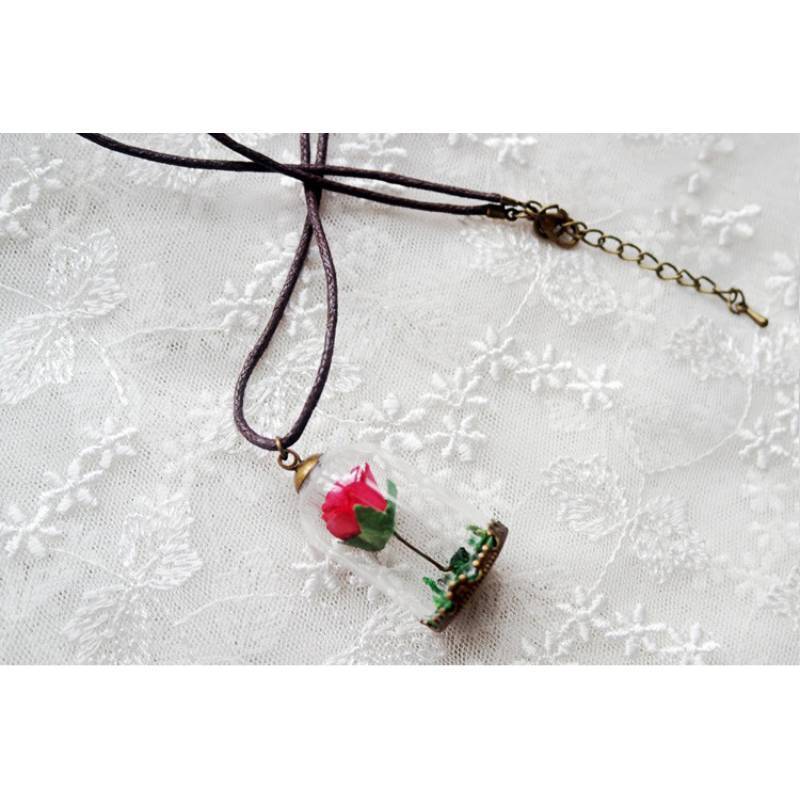 The Little Prince Rose Glass Bottle Necklace With Alloy Pendant And Leather Chain For Women