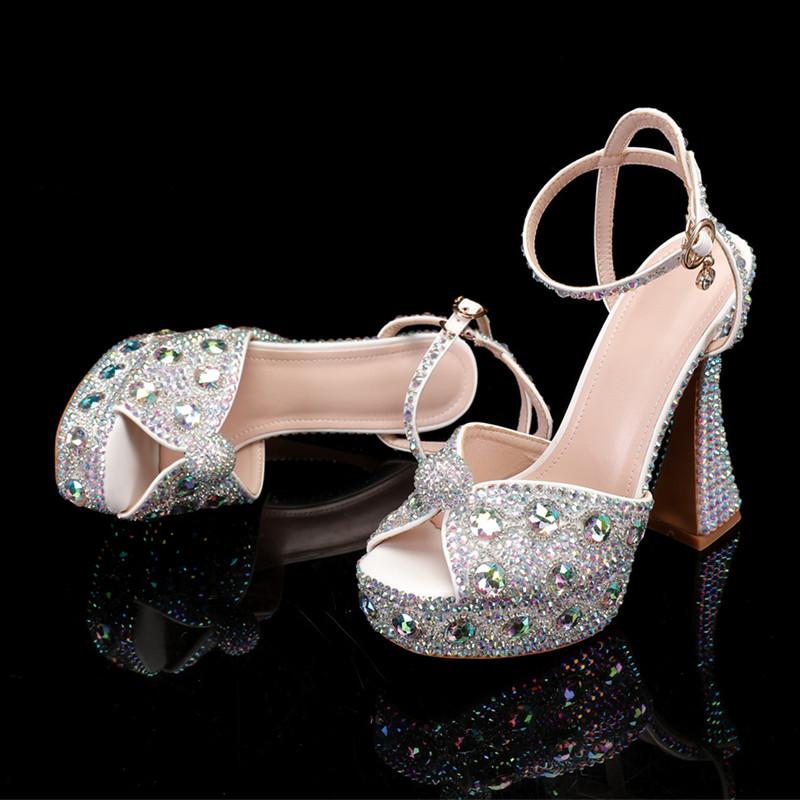 Fashion Luxury Handmade Full Rhinestones Peep Toe Women Sandals Fashion Crystal Platform Wedges High Heels Summer Wedding Sandals Shoes