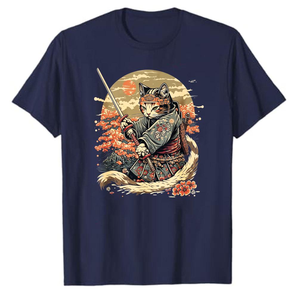 Samurai Cat TShirt Japanese Ukiyoe Cat Samurai Graphic Tee Cherry Blossom Katana Warrior Shirt Aesthetic Cat Lover Gift