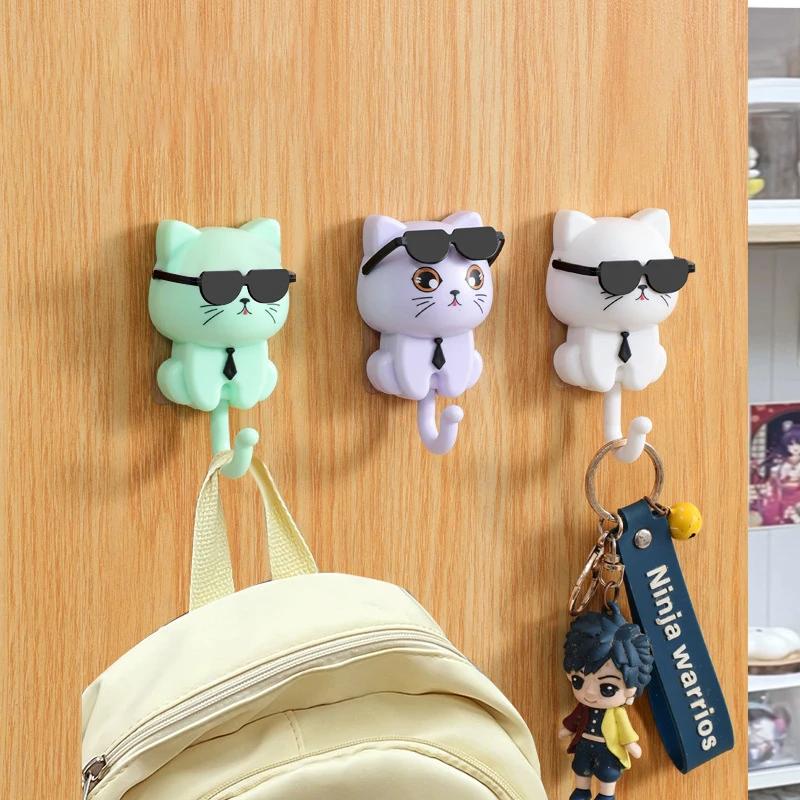 Modische Wandhaken, selbstklebend, zum Aufhängen an der Wand, süßes Tier-Dekor, Katzen-Schlüsselhalter, Aufbewahrung für Kleidung, Mütze, Schal, Schlüssel