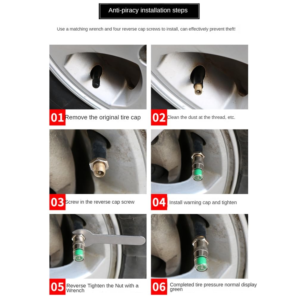 Azwamkue 4pcs Car Tire Pressure Indicator Tire Pressure Gauge Indicator Alert Monitor Valve Cap Sensor External Valve Detection
