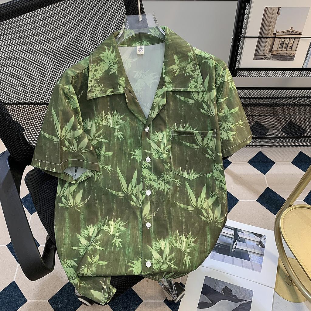 Summer Ink Painting Flower Short Sleeve Shirt Men's BF Casual Thin High-Grade Half Sleeve Cuban Collar Ice Silk Shirt
