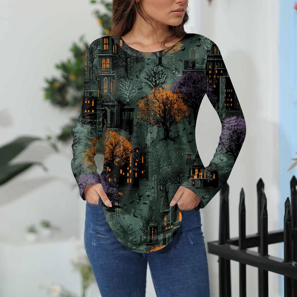 Women's Loose Fit Long Sleeve T-Shirt with Retro Halloween Print, Neck Pullover Top