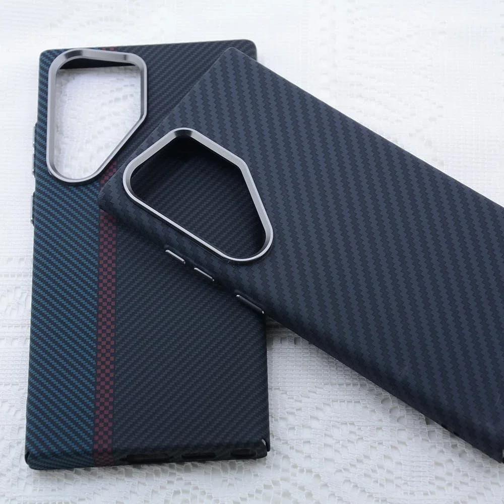 Kevlar Carbon Fiber Texture Magnetic Case For Samsung Galaxy S25 S24 S23 Ultra Plus Shockproof Shell Alloy Camera Lens Cover