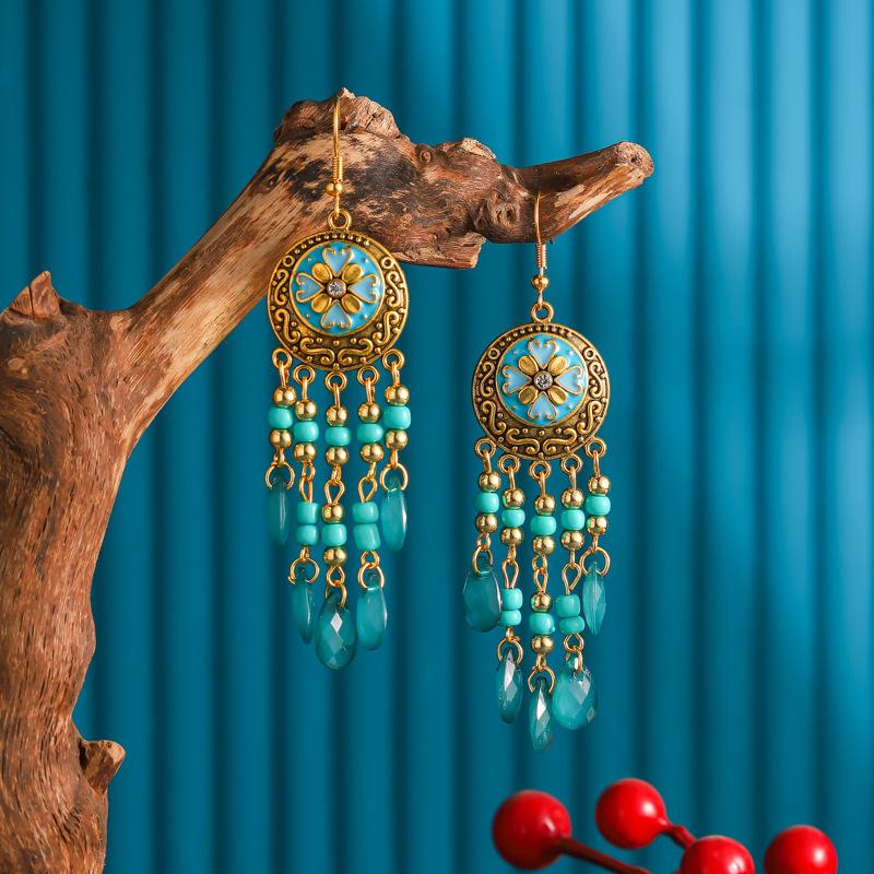 Bohemian Ethnisch Lang Blau Acryl Kristall Wassertropfen Ohrringe für Damen Retro Temperament Geometrisch Hängende Ohrringe Schmuck