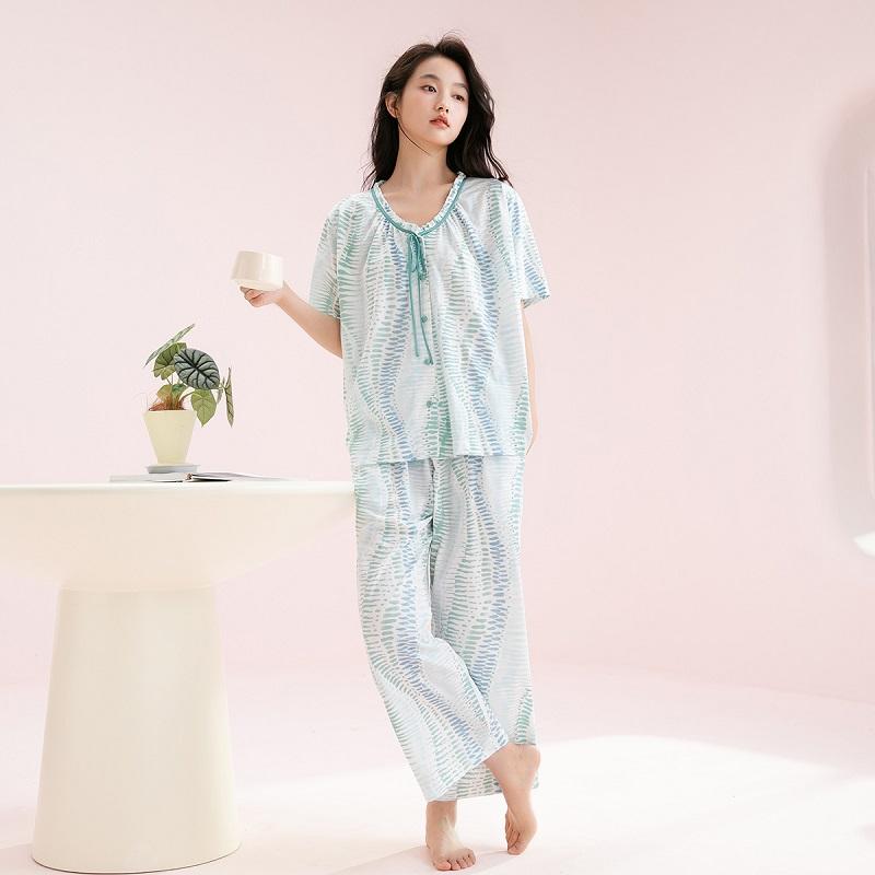 Fenteng [100% cotton] lace V-neck bow short sleeved cropped pants thin home suit set women's pajamas