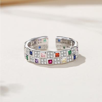 Chessboard Plaid Rainbow Ring Female Light Luxury Minority Design Ins Style Fashion Personality High-Grade Sense S925 Sterling Silver Ring