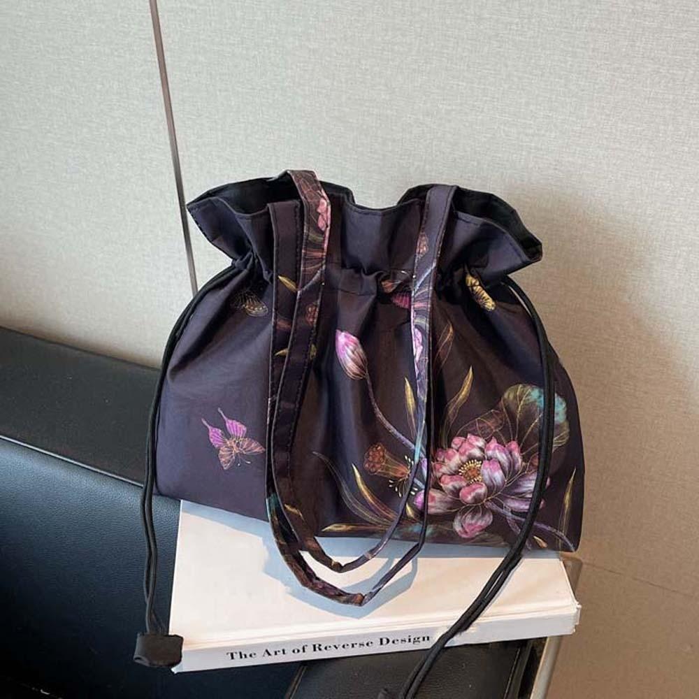 Retro Hanfu Drawstrings Bag Flower Embroidery Handbag Chinese Printed Shoulder Pouch  Outdoor
