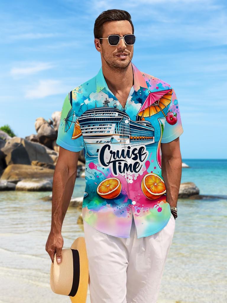 New Men'S Casual Short-Sleeve Shirt, Perfect for Cruise Moments, Vibrant Drinks Accompany Your Journey, Suitable for Holiday Gatherings And Commuting,