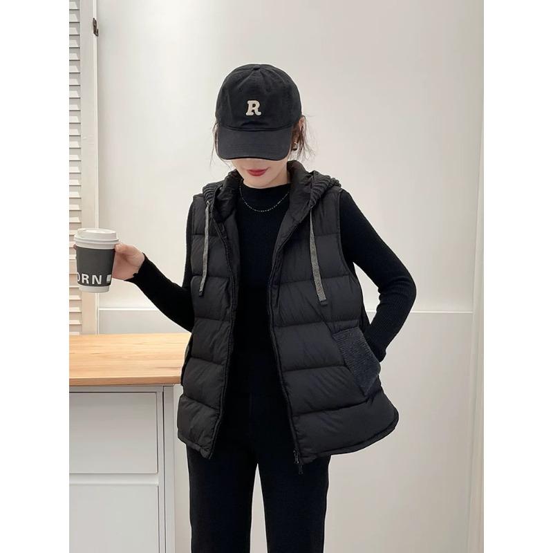 Autumn Knitted Patchwork Sleeveless Down Vest Women Drawstring Hooded Warm Lightweight Down Gilet