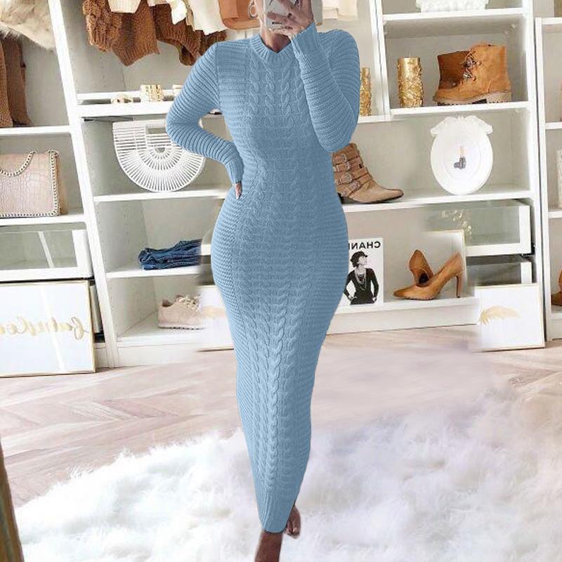 Autumn/Winter Women's Cable Knit Long-Sleeve Wool Dress