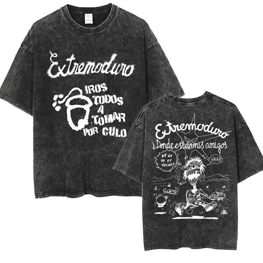 

Vintage Washed Black Oversized TShirt with Spanish Rock Inspired Text Cartoon Guitar Print Retro Streetwear Tee S