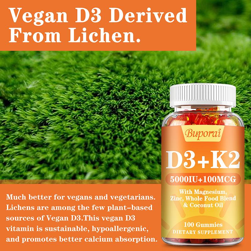 Vitamin D3 and K2 Gummies, Containing Natural Coconut Oil, Plant-based Two-in-one Formula, Gentle and Easily Absorbed, Suitable for Adults.