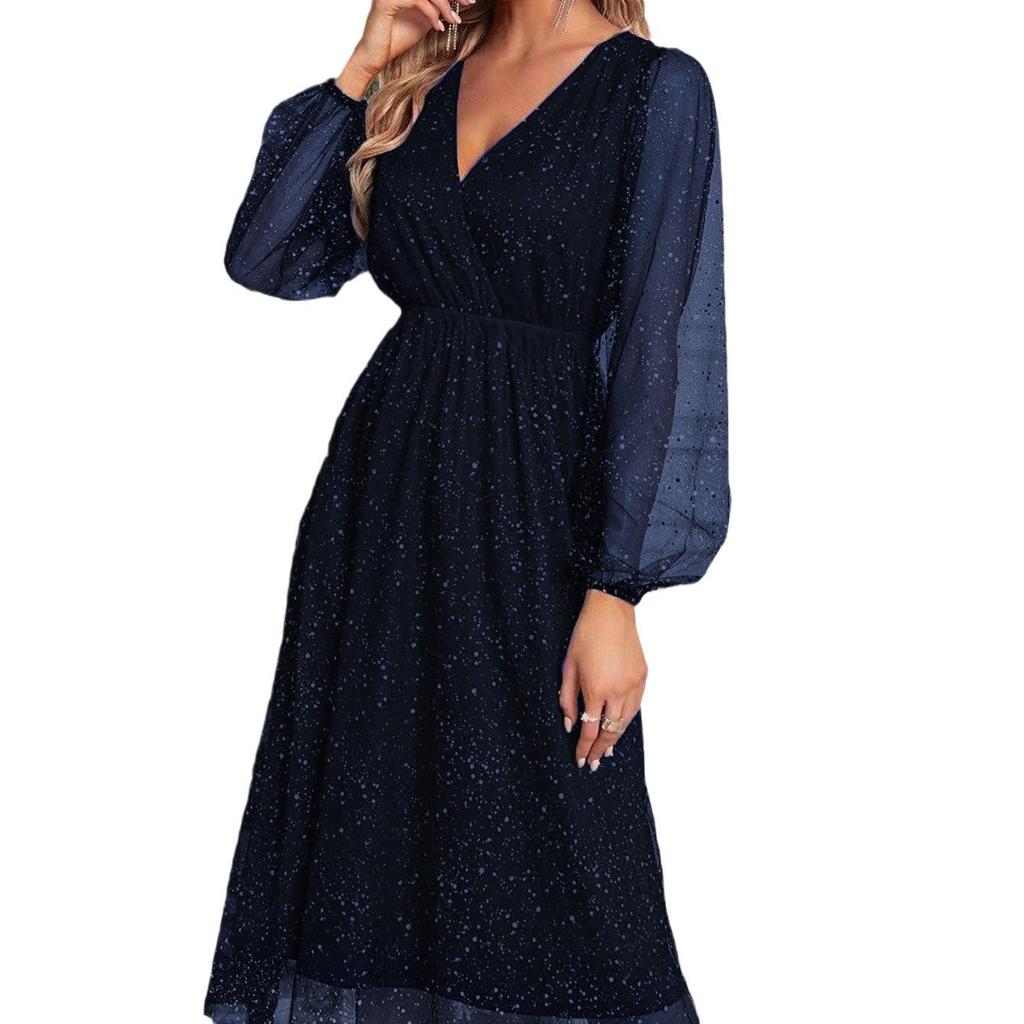 2023 Elegant V-Neck Slim Patchwork Mesh Dress
