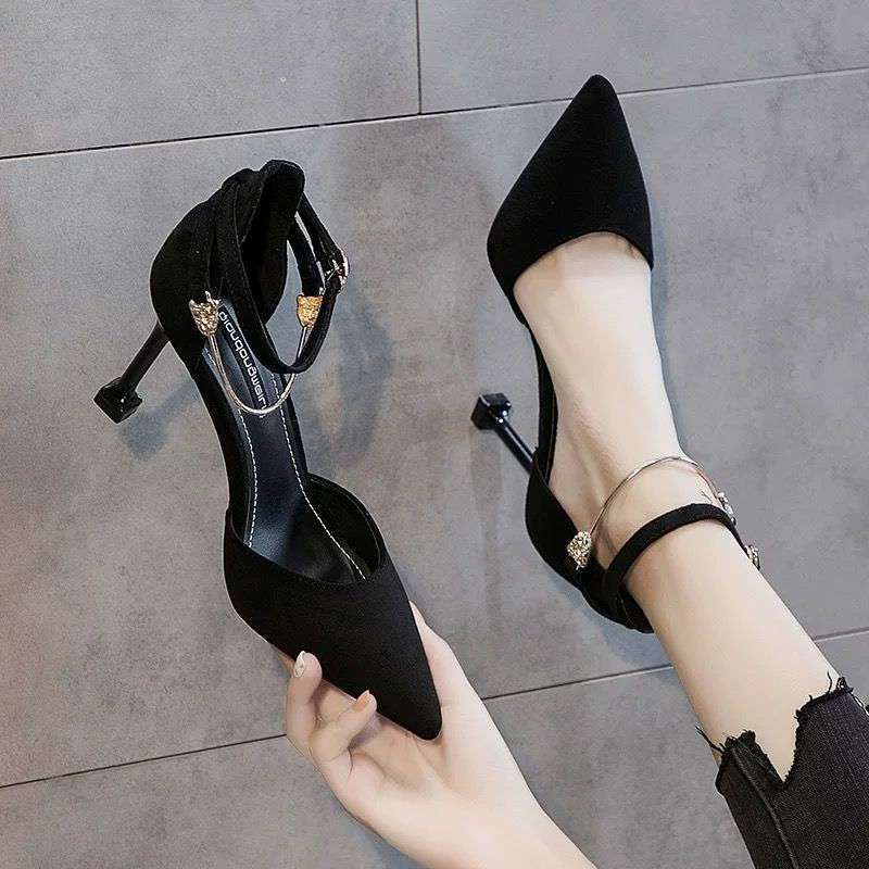 Black high heels women 2025 European station model fashion sexy temperament pointed one-word button stiletto sandals