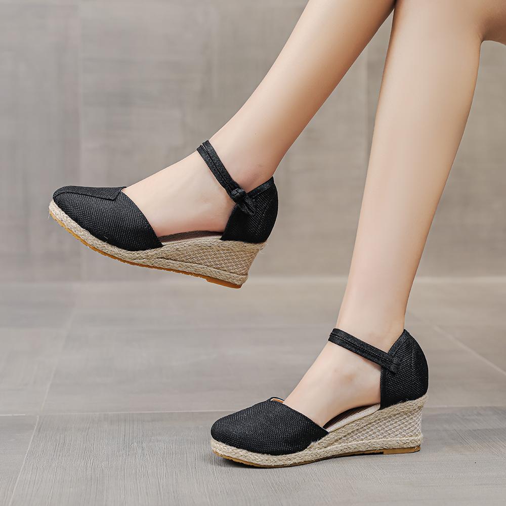 Patchwork Women Linen Wedge Espadrilles Sandals 6cm High Heel Summer Elegant Lady Close Toe Shoes Black Red White Beige