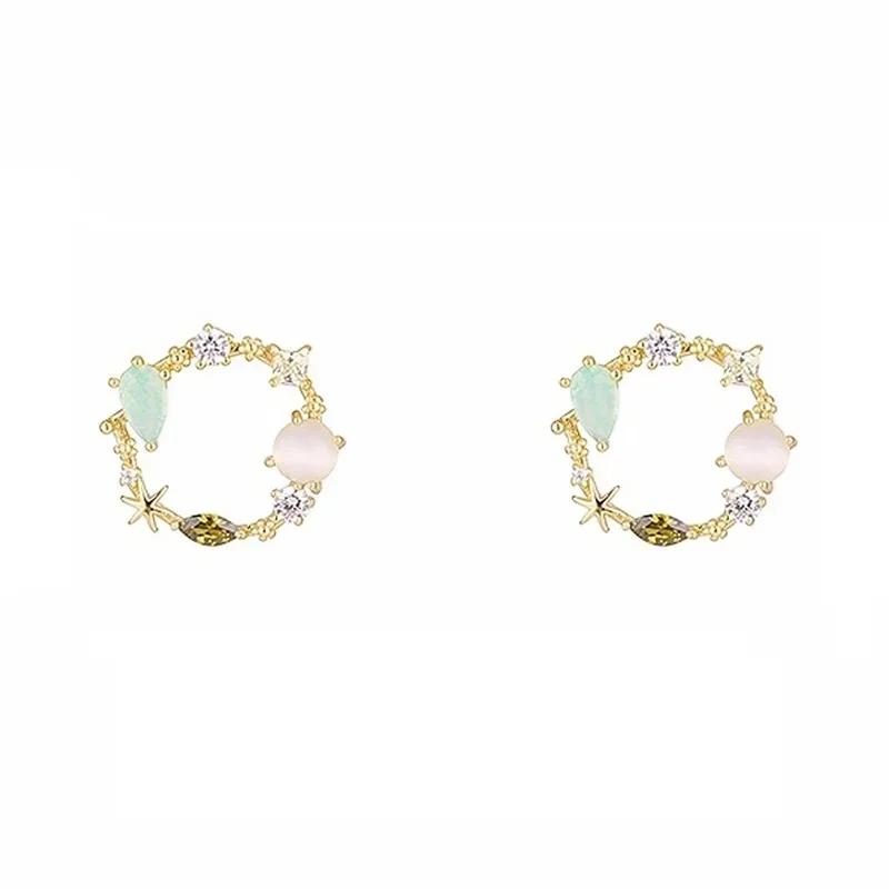 Korean Round Pink Green Crystal Earrings for Women 2024 Design Classic Sweet Flower Round Earrings Jewelry Fashion Accessories