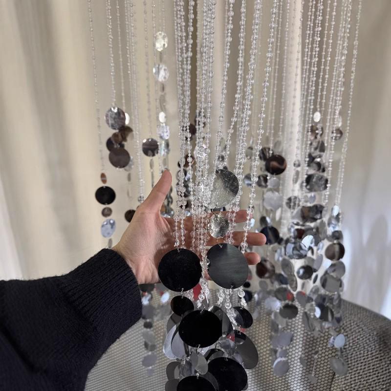 Acrylic Crystal Bead Curtain with Gold and Silver Sequin Pendants for Wedding and Banquet Hall Decor.