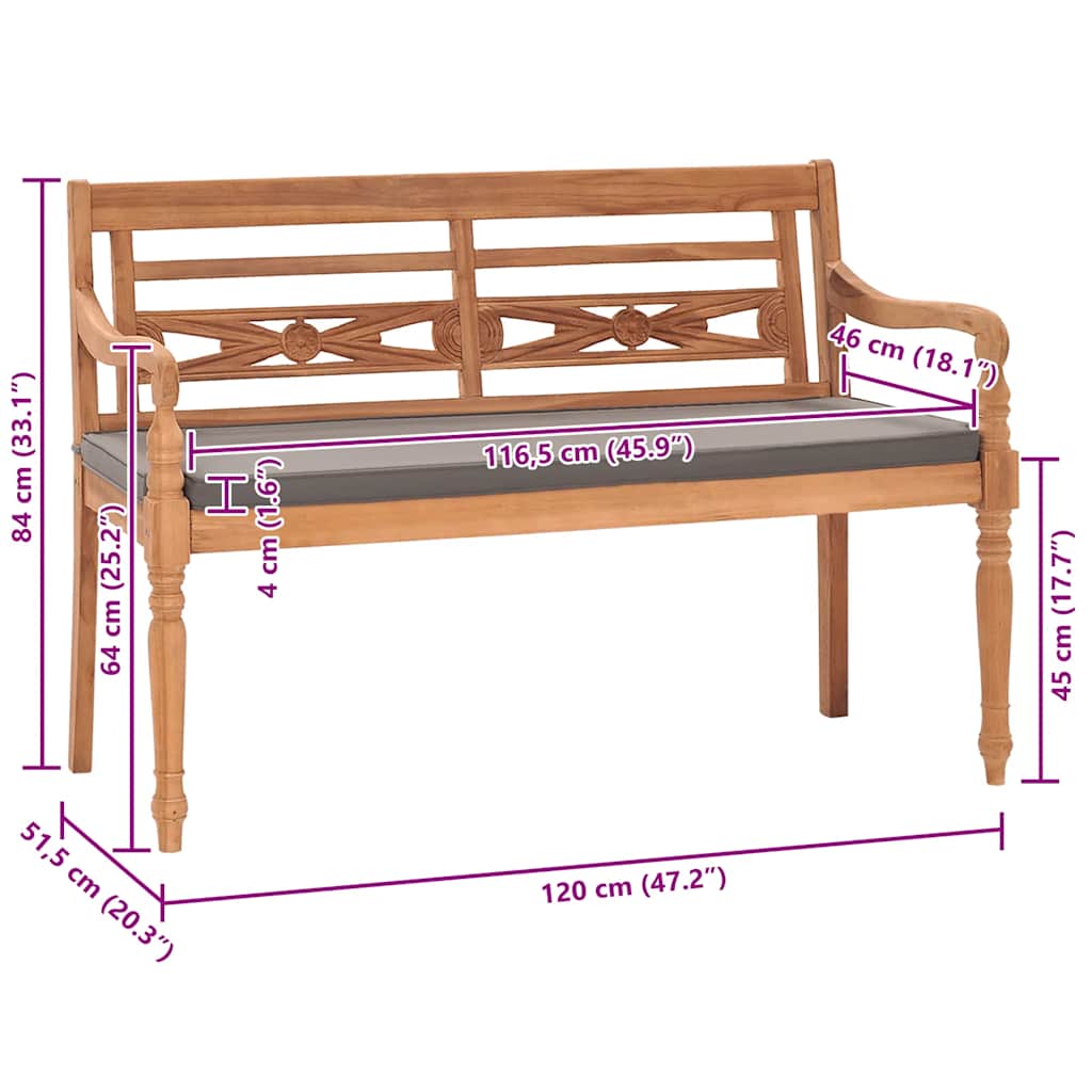 Batavia Bench with Dark Gray Cushion 120 cm Solid Teak Wood