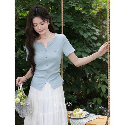 Lu Xiangnan Women's French Style Slim Fit Short Sleeve T-Shirt