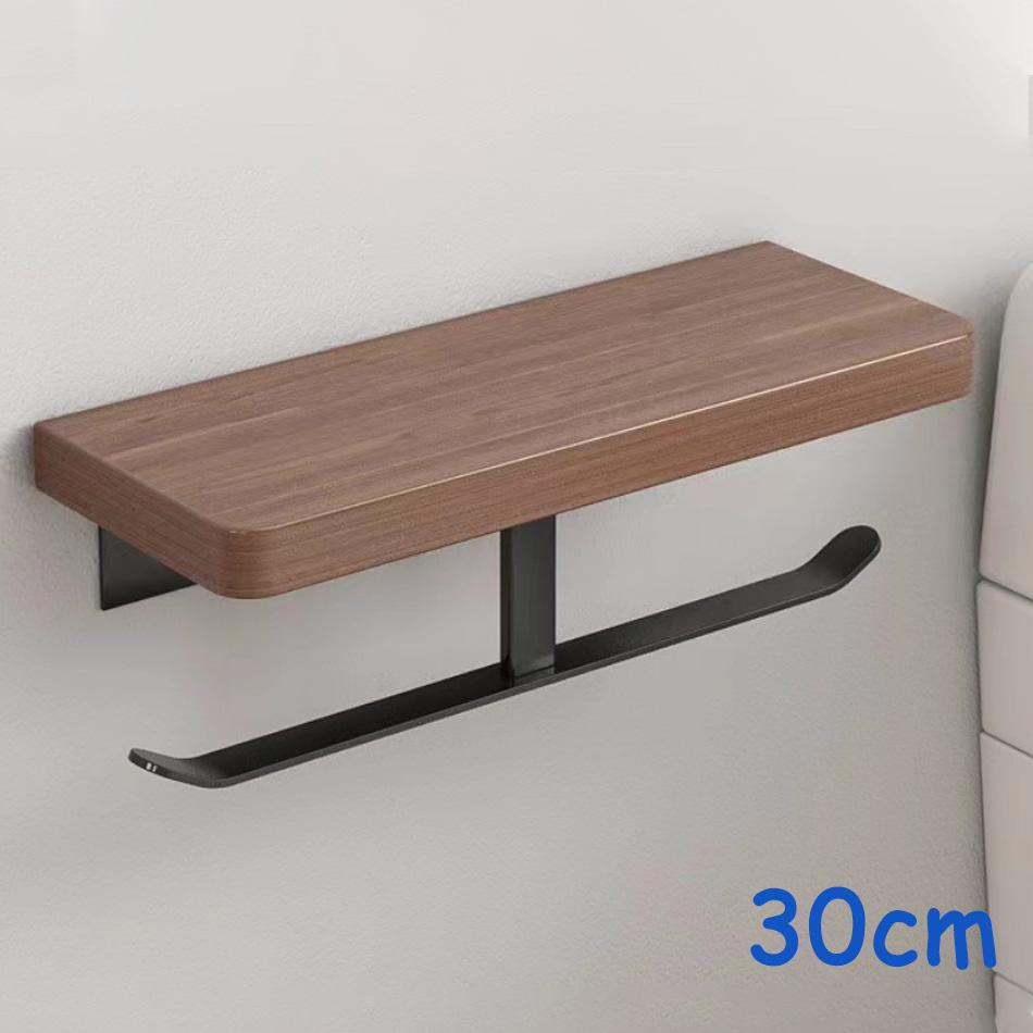 Double Paper Holder with Shelf Black Wood Wall Mounted WC Tissue Holders Walnut Toilet Paper Towel Rack for Bathroom Kitchen