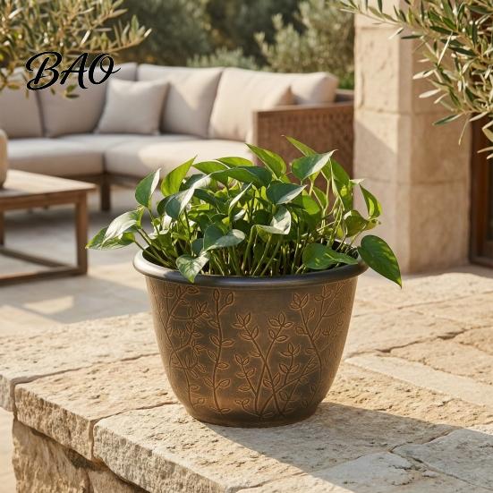 Garden Flower Pots with Trays 12 Inch Thickened for Outdoor Indoor, Plastic Leaf-Pattern Texture Large Planters Planter Drainage Hole & Saucer,