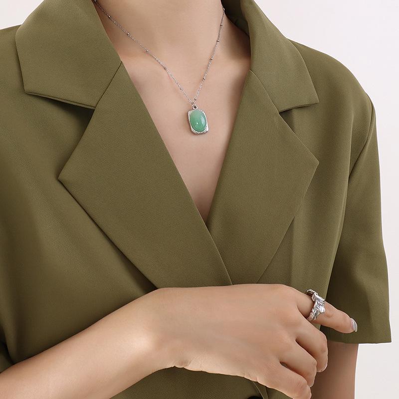 18K Gold-Plated Titanium Steel Necklace with Square Pendant and Natural Stone Inlay