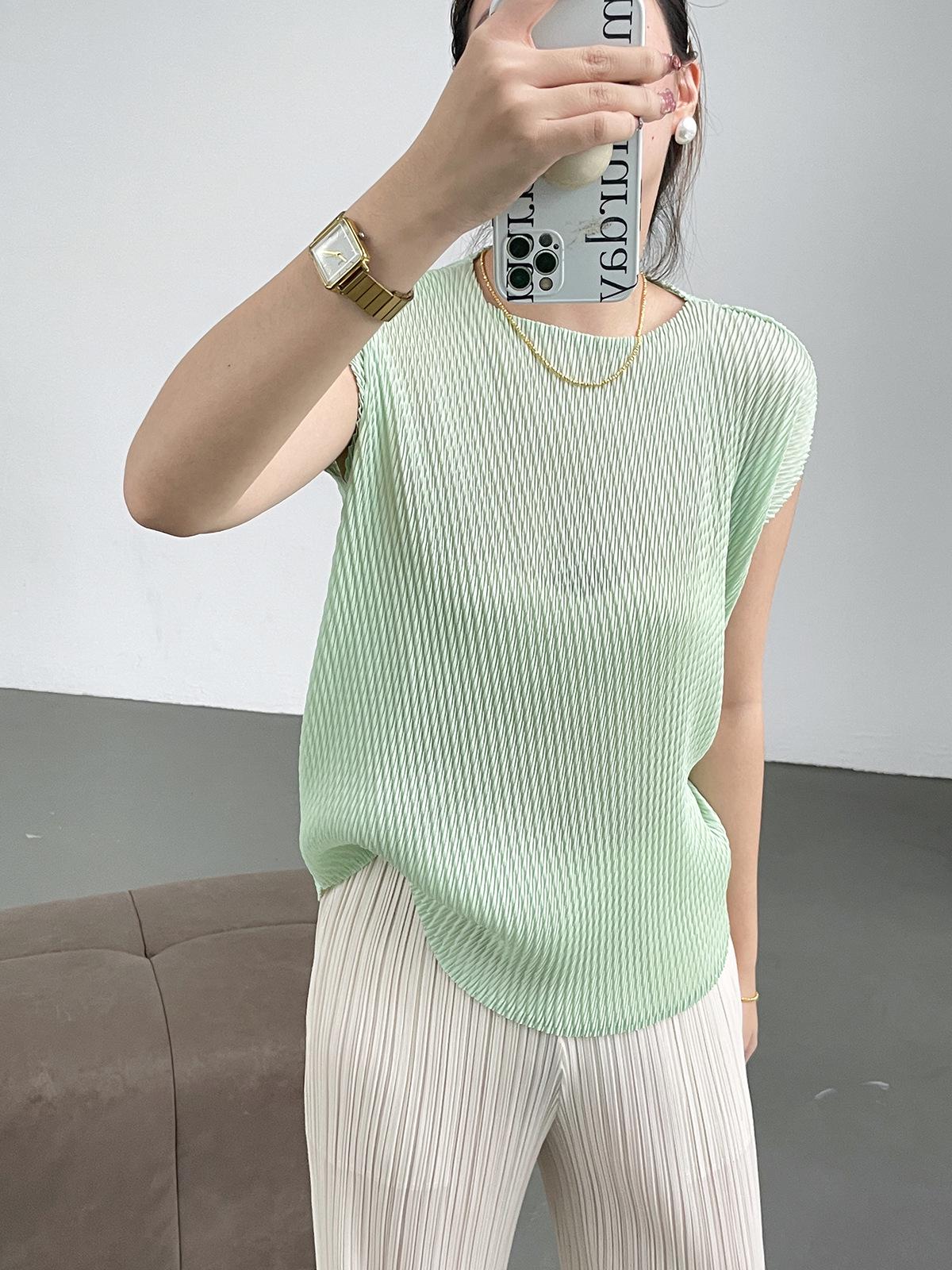 

Летняя плиссированная футболка с рыбьей чешуей, облегающая: Женский однотонный универсальный топ с коротким рукавом One Size светло-зеленый