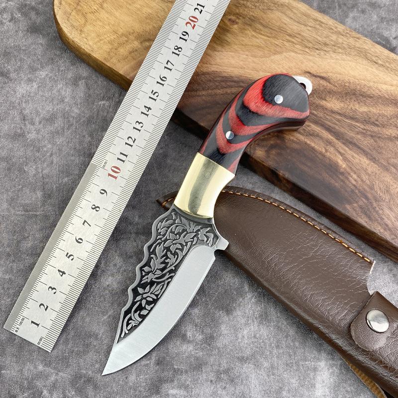 Kitchen Knife Thick Carved Pattern Handmade Knife Outdoor Barbecue Meat Eating Knife Stainless Steel Fruit Knife