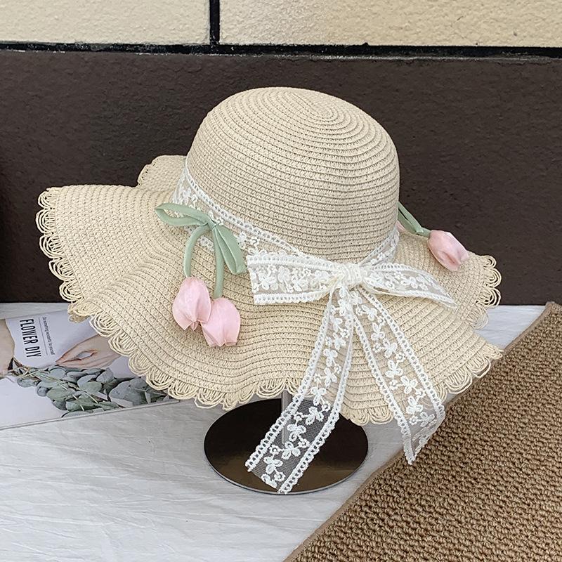 Women's Wide Brim Straw Hat with Lace Bow - Summer Beach Vacation Sun Protection