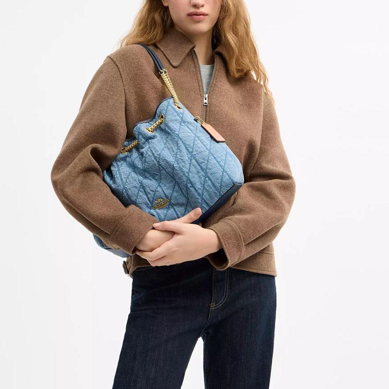 Coach Chain 35 Diamond Pattern Chain Shoulder Bag Denim Large Women Shoulder Bag Blue CDC02-IMTYV