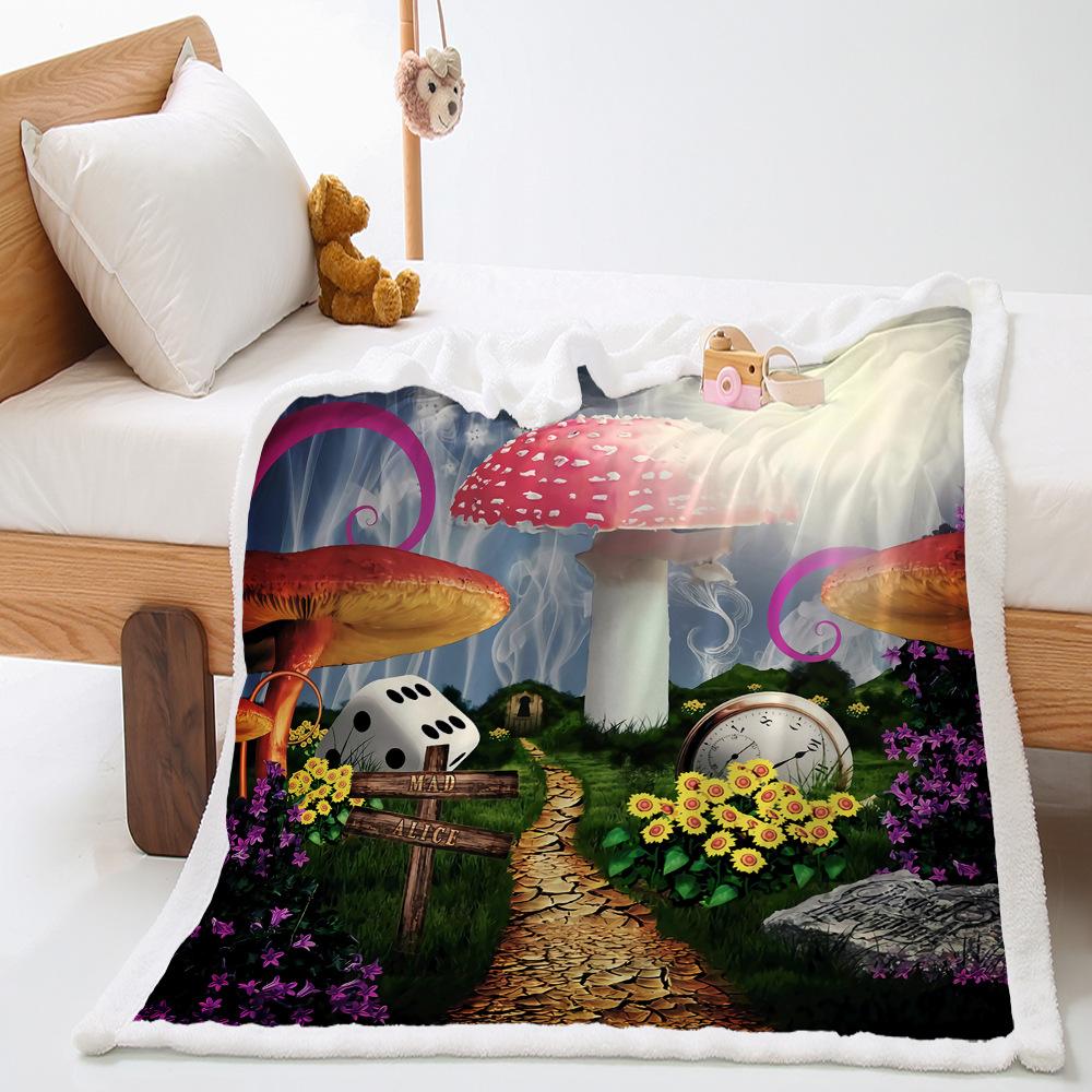 Funny Cartoon Mushroom Print Thickened Lamb Wool Crystal Fleece Retro Blanket Blanket Minimum Order One Piece