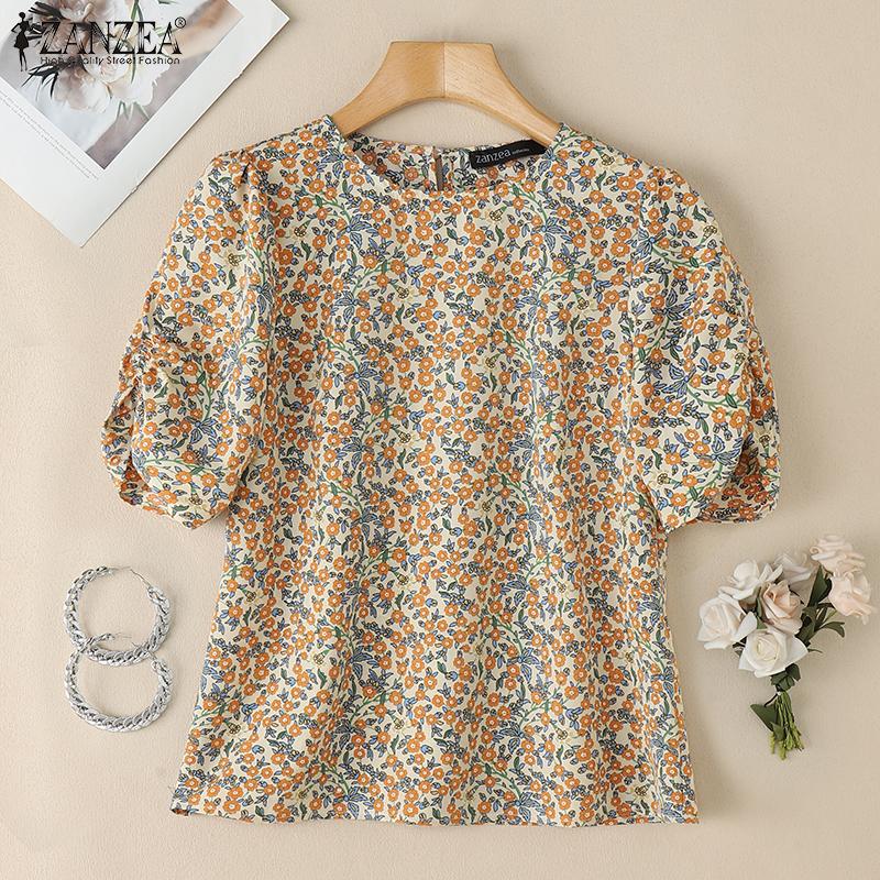 ZANZEA Women Casual Round Neck Short Sleeve Floral Print Blouse