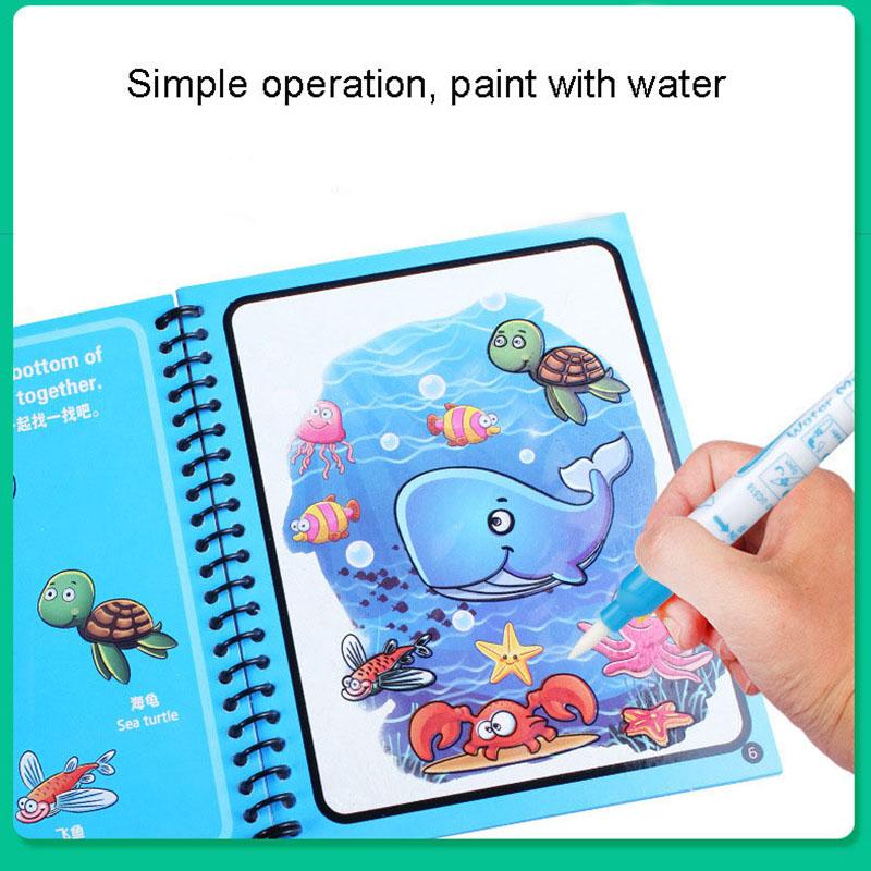 Magical Book Water Drawing Reusable Coloring Book Magic Water Drawing Book with Pen Ocean Dinosaur Animal Water Drawing Pictures