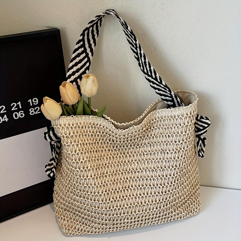 Boho Chic Große Gewebte Stroh-Tragetasche für Damen, Pendler-Handtasche, Schultertasche, Perfekt für Frühlingsausflüge, Strandtasche,