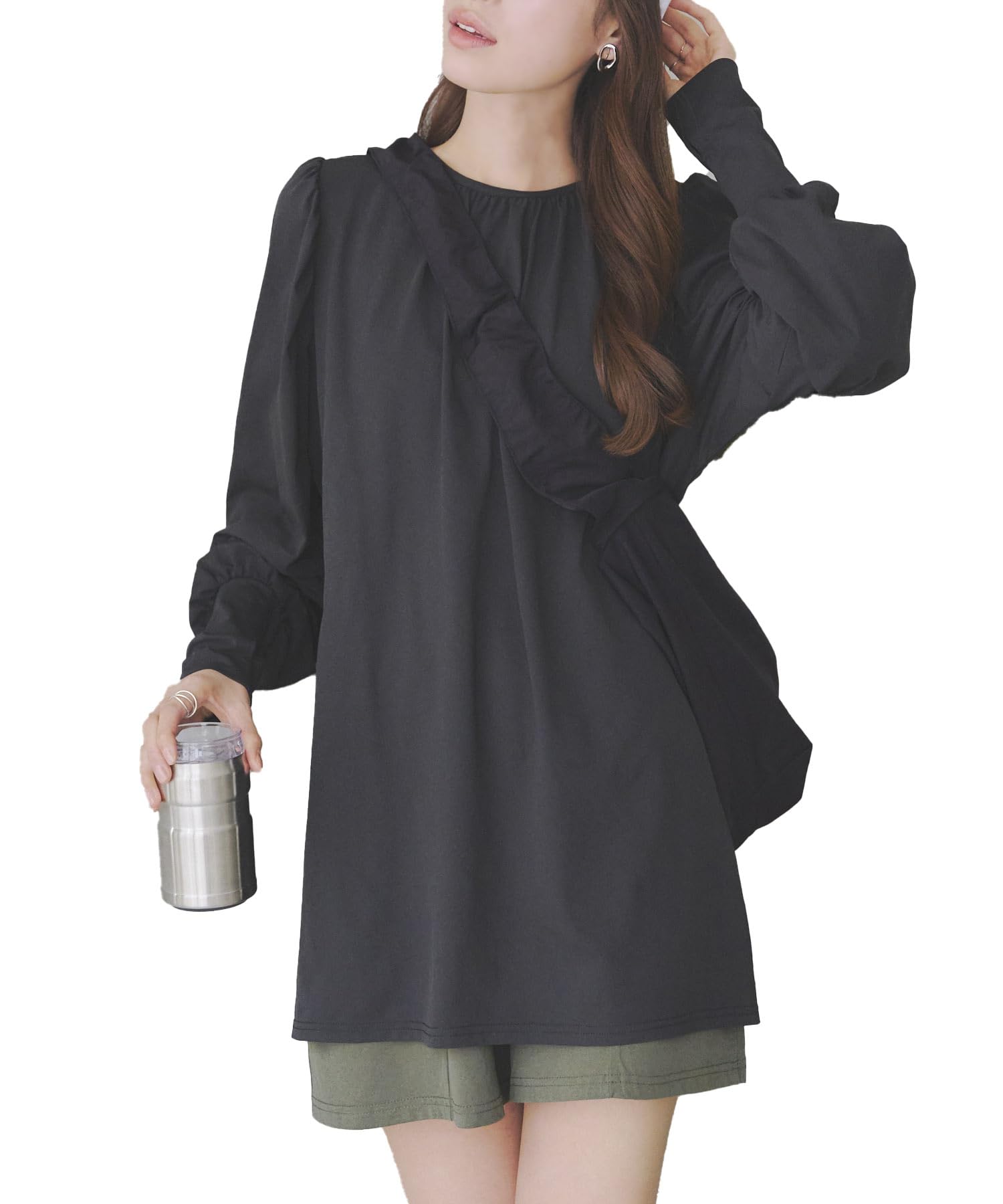 

Kobe Lettuce Rash Guard, Thumbhole Blouse with Voluminous Sleeves, UV Protection, for the Beach or Pool, Size S211, Black, Medium