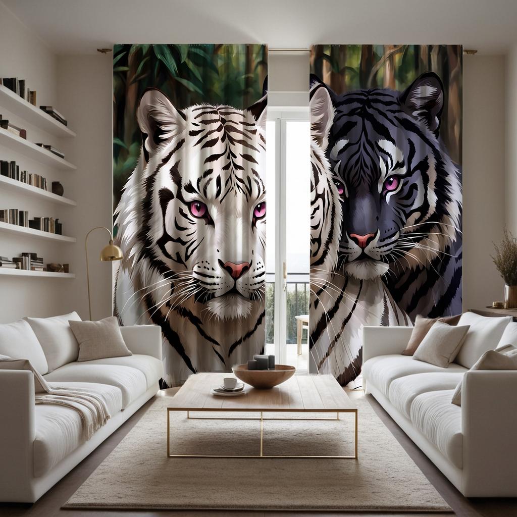 2pcs HD white Siberian tiger decorative curtain White tie digital printed curtain home decoration style decoration living roo