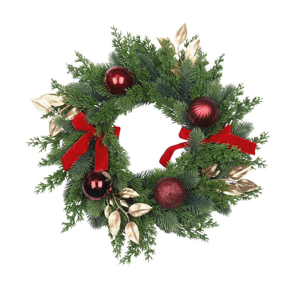 40cm Artificial Christmas Wreath with Red and Gold Ornaments and Velvet for Front Door Holiday Decor