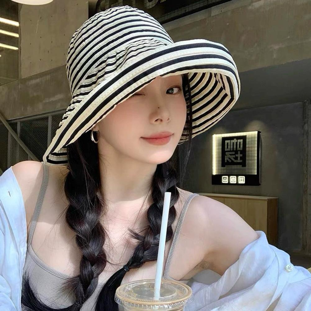 Korean Fashion Wide Brim Fisherman Caps Outdoor Foldable Bucket Hats Striped Pattern Summer Cap For Women Girls Gifts