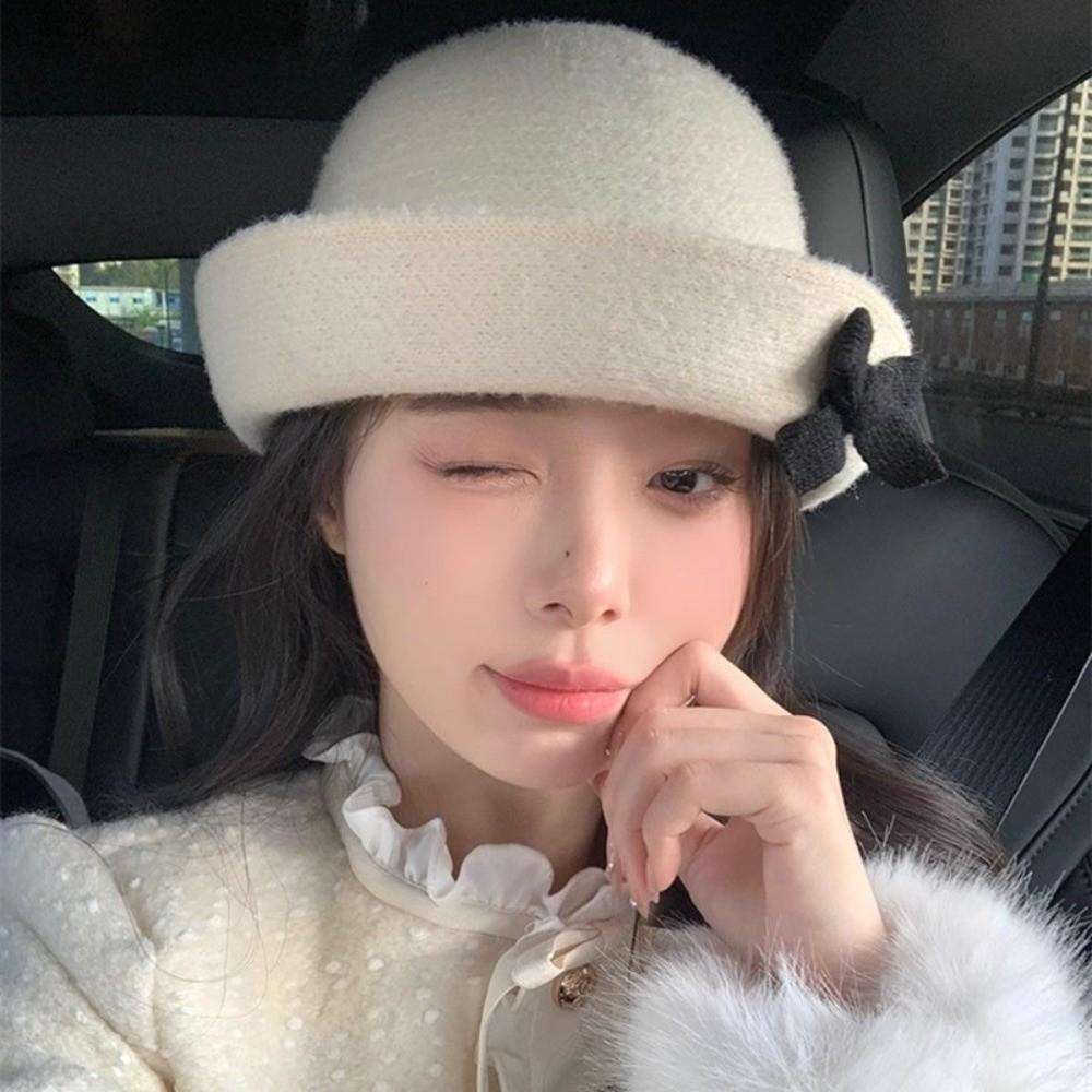 Solid Color Bow Bucket Cap Korean Style Women Bucket Hat Retro Woolen Fishing Cap  Girls